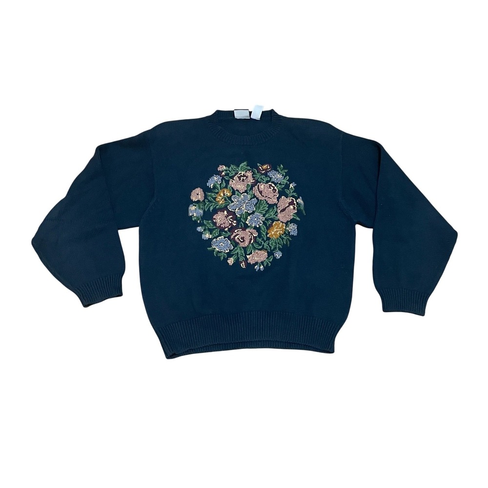 VTG Lizsport Medium Petite Navy Blue Cotton Embroidered Floral Crewneck Sweater